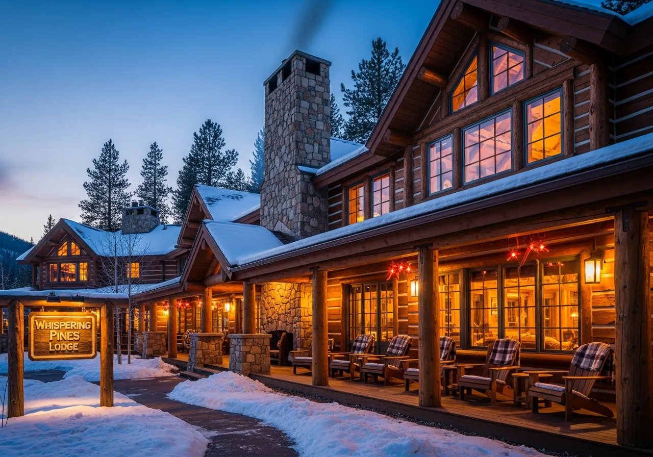 Royal Gorge Lodge cabin lit up at dusk with Colorado mountain views